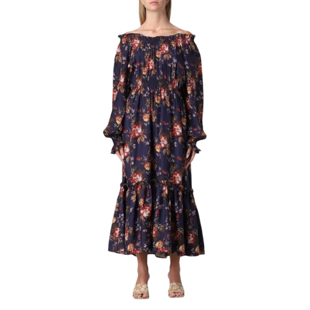 Sea New York Esme Navy Floral Silk Off Shoulder Maxi Dress